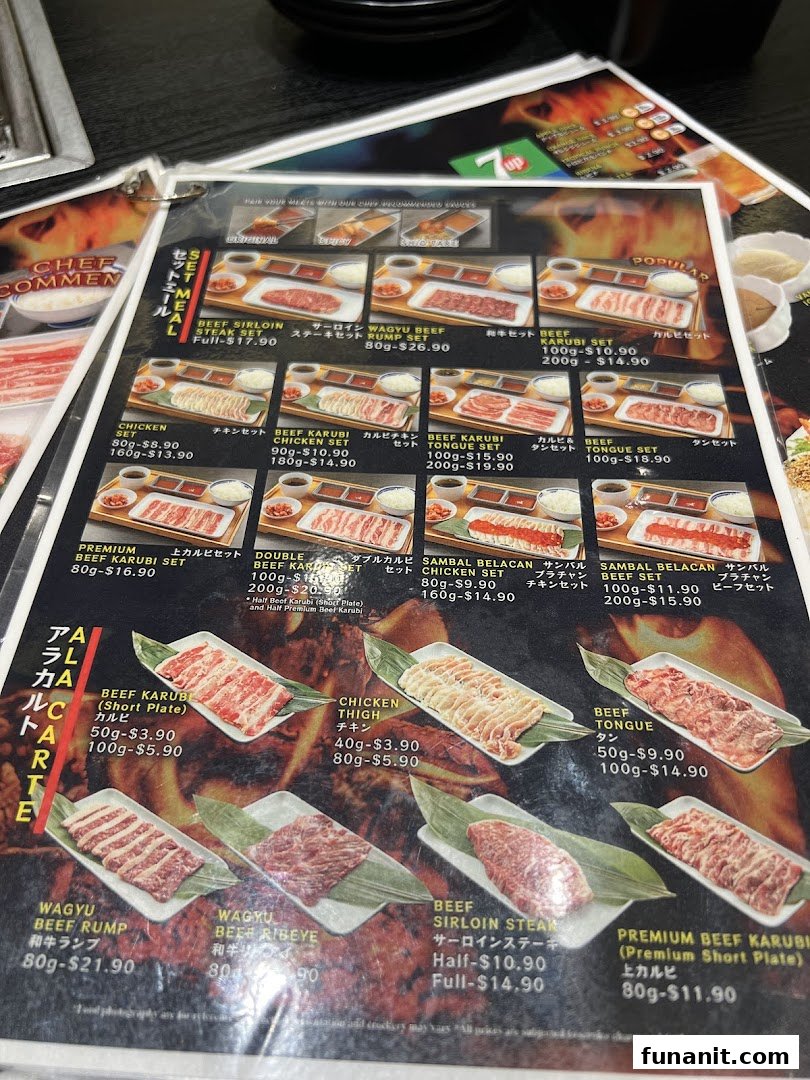 A detailed menu from Yakiniku Shokudo showcasing various yakiniku sets and à la carte meat options.