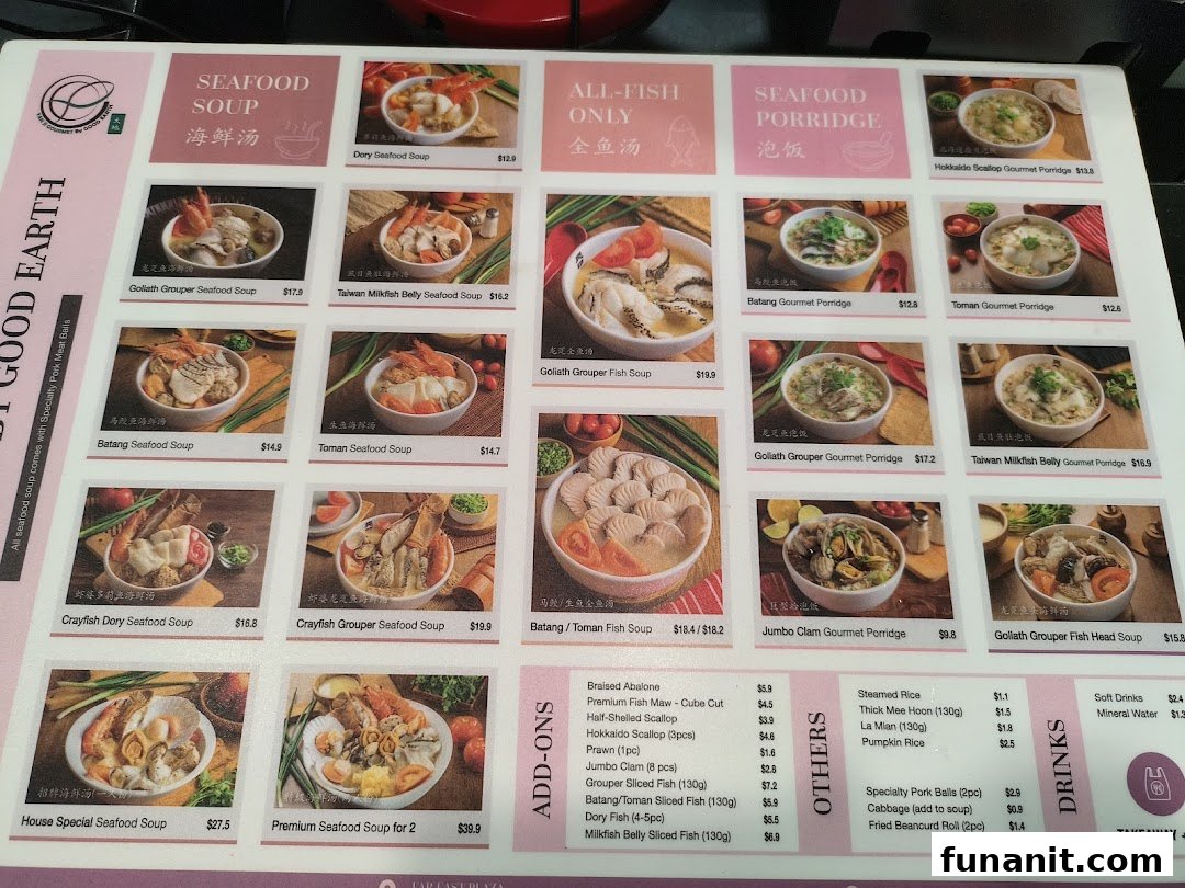 A comprehensive menu displaying various seafood soups, porridges, add-ons, and drinks with prices.
