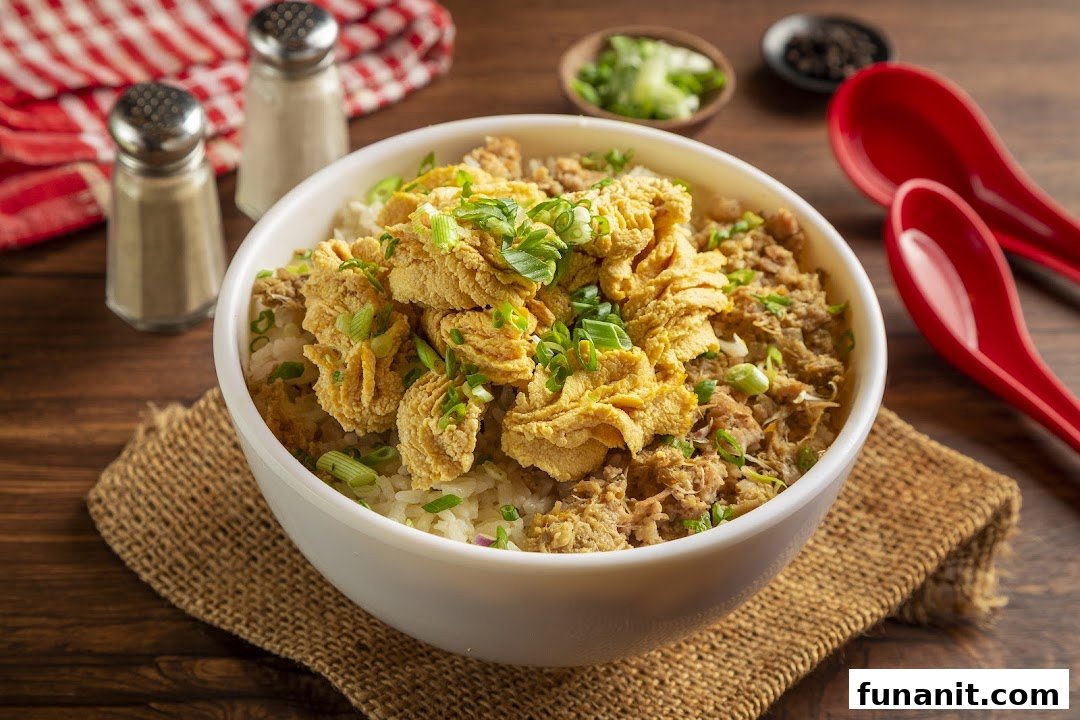 A close-up of a hearty bowl of rice topped with crispy fried items, shredded meat, and fresh spring onions.
