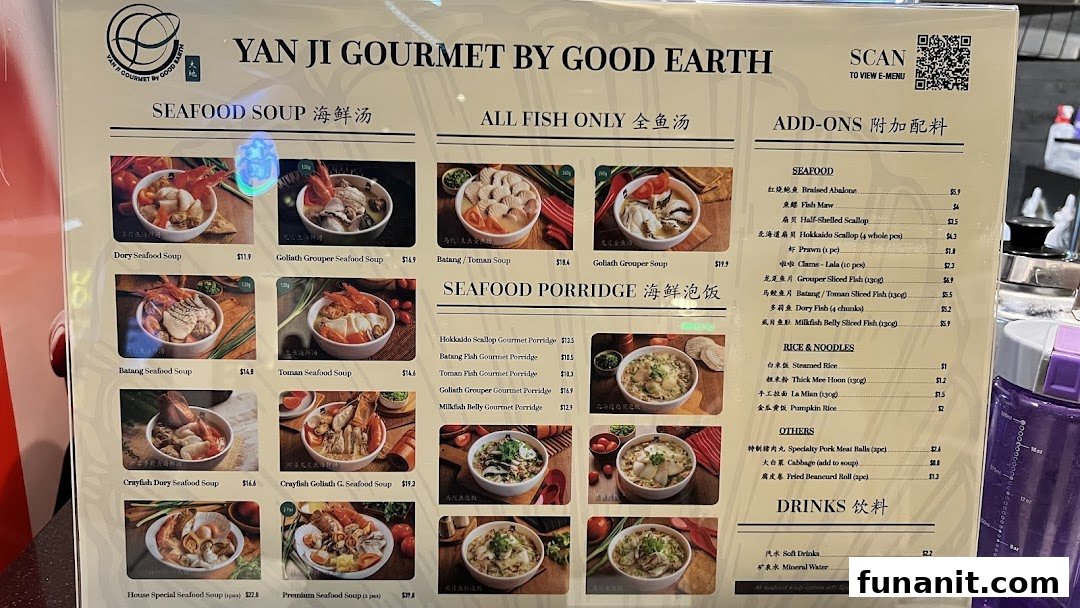 A detailed menu board displaying seafood soups, porridges, and add-ons with prices from Yan Ji Gourmet.