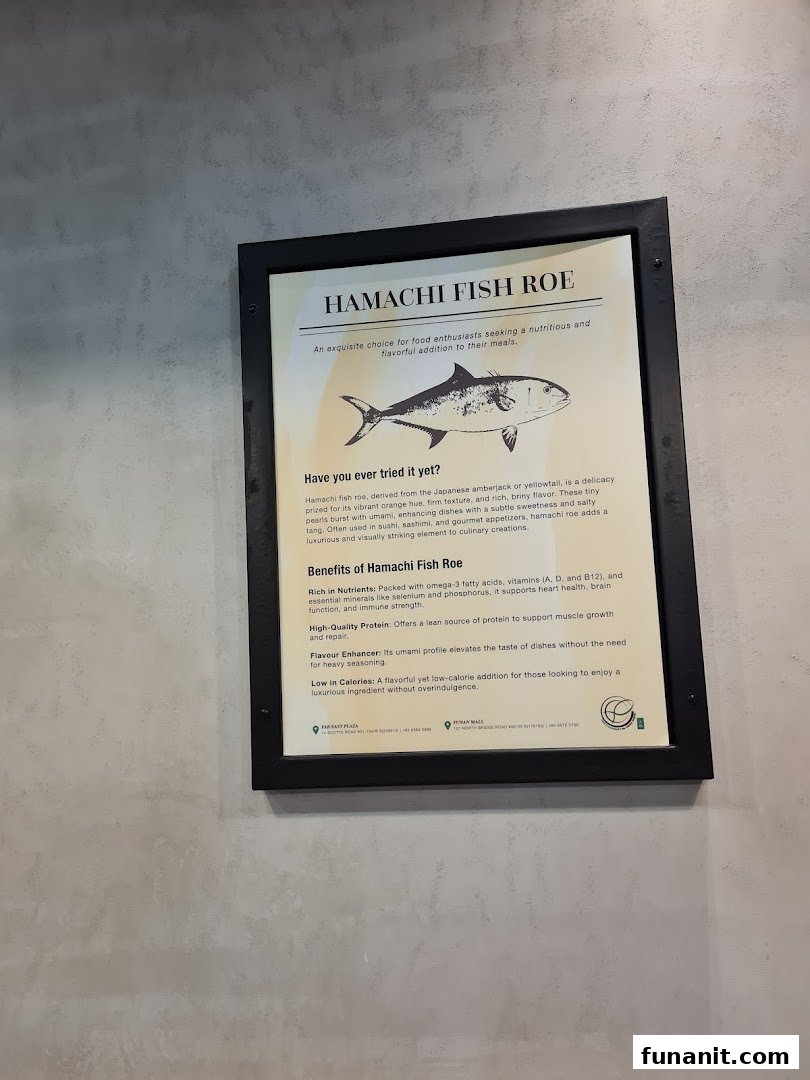 A framed informational sign on a wall, detailing the benefits and uses of Hamachi Fish Roe.
