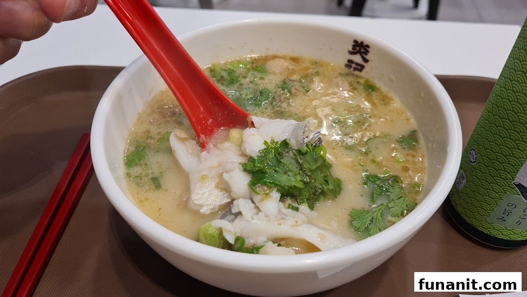 A close-up of a bowl of Yan Ji Gourmet Seafood Soup with fish slices, cilantro, and a red spoon.