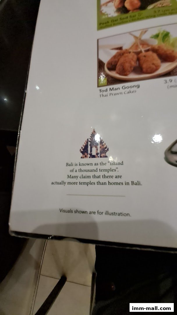 A menu page featuring Thai Prawn Cakes and a description of Bali.