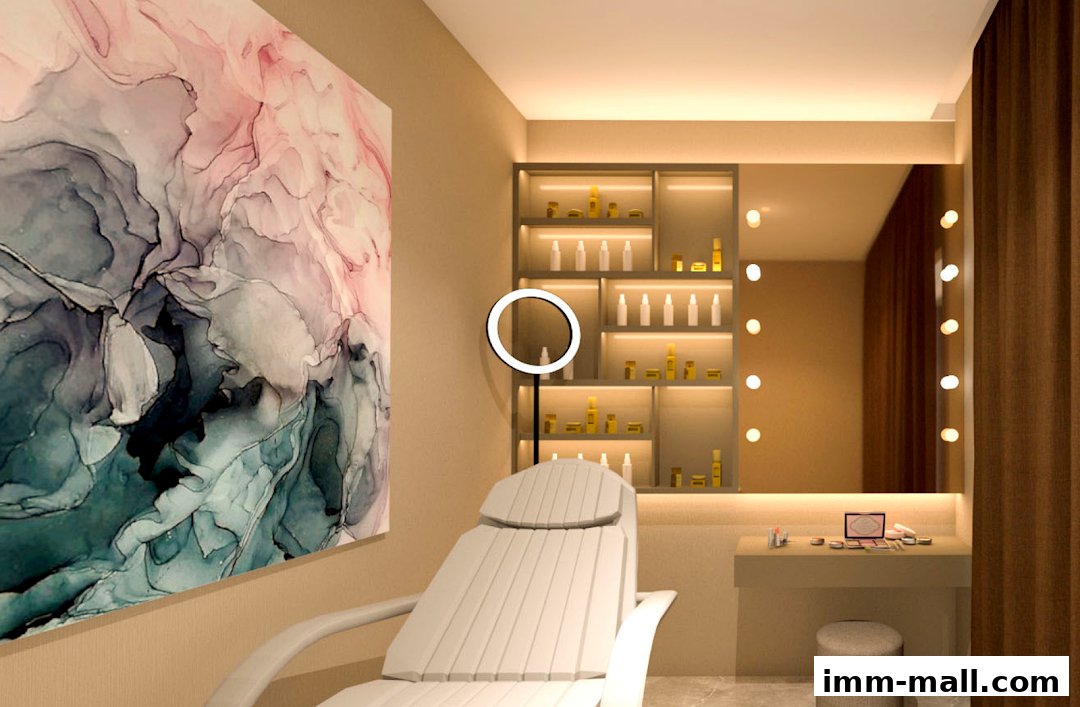 A beauty treatment room with a reclining chair, illuminated mirror, and shelves of products.