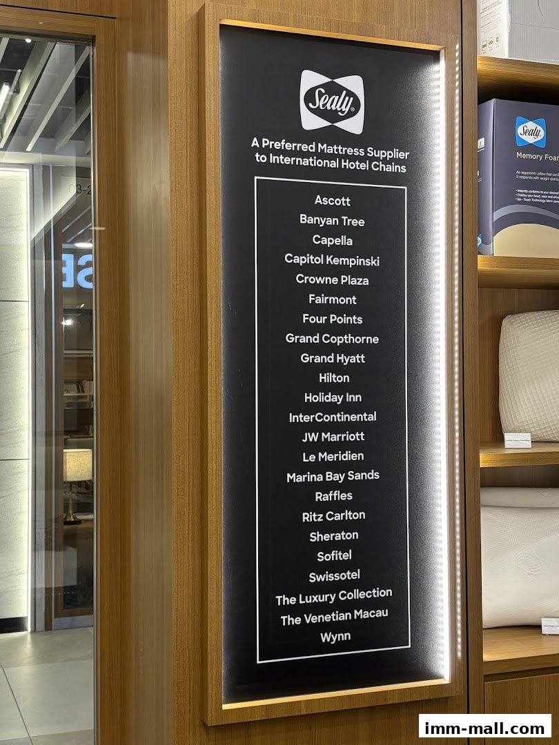 A sign displays Sealy's status as a preferred mattress supplier to international hotel chains.
