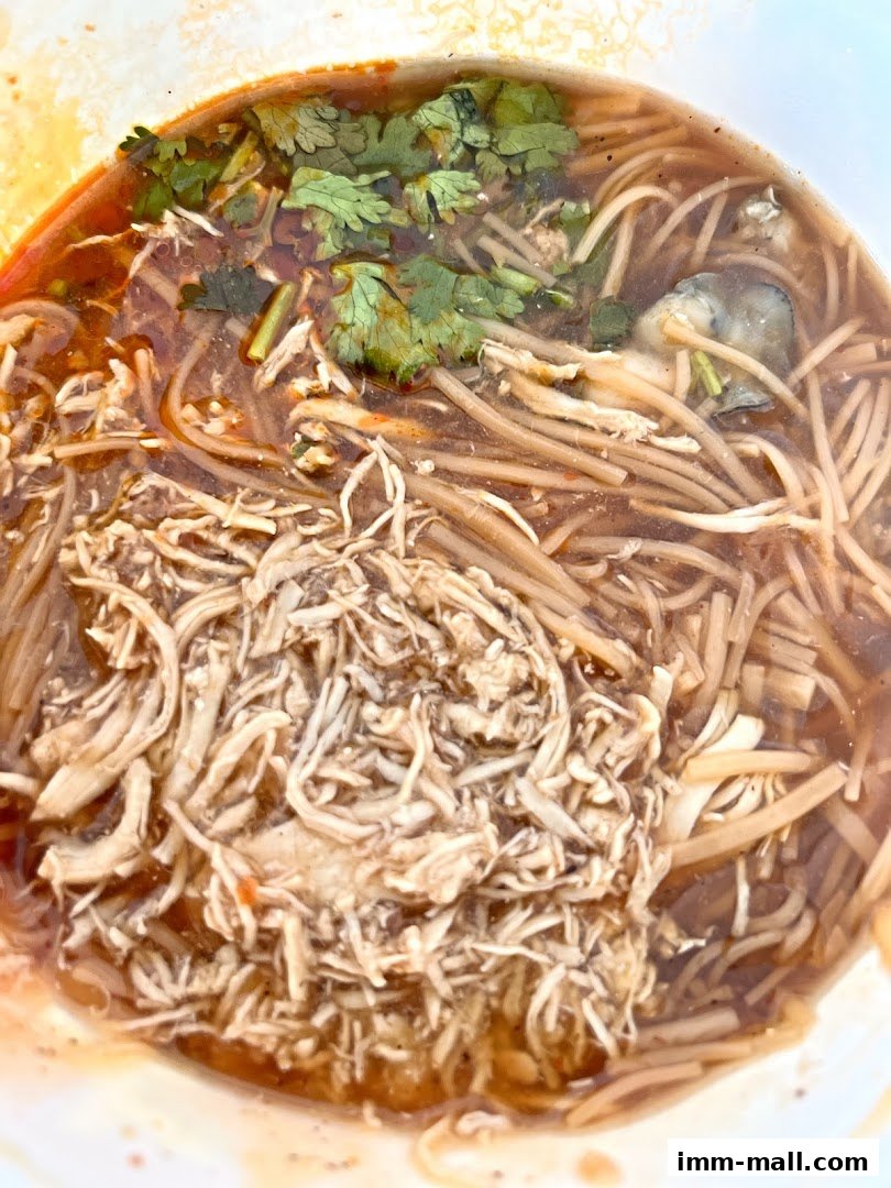 A close-up of a steaming bowl of Taiwanese street food with shredded chicken and noodles.