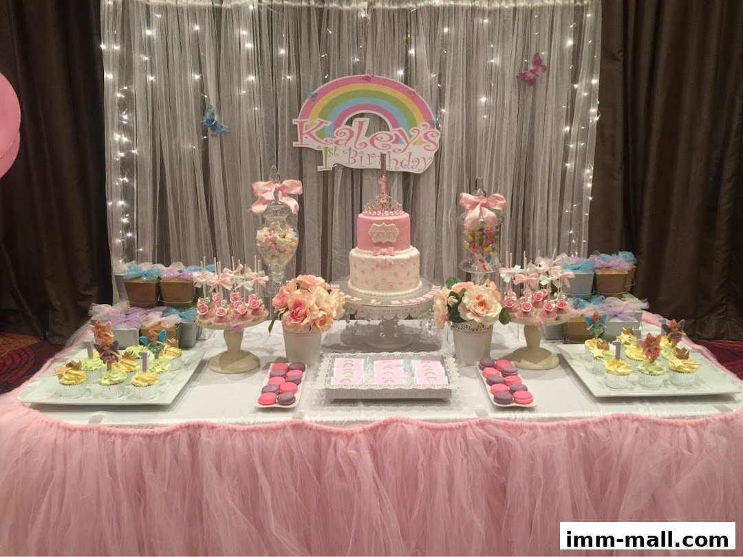 A beautifully decorated dessert table for a child's birthday party with a rainbow theme.