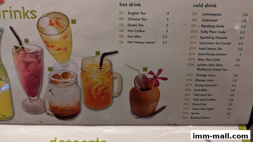A menu featuring a variety of hot and cold drinks with prices.