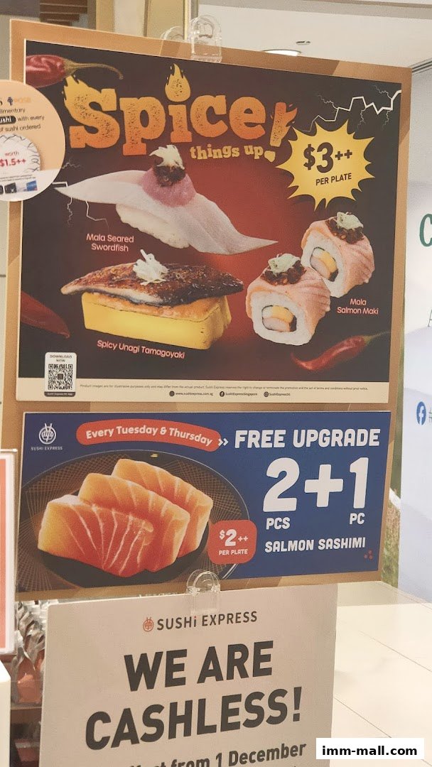 Promotional posters for Sushi Express featuring spicy sushi and a salmon sashimi deal.