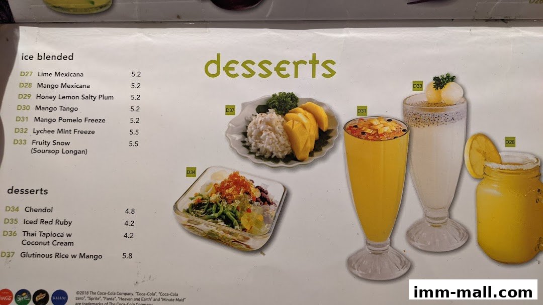 A menu featuring ice blended drinks and desserts with prices.