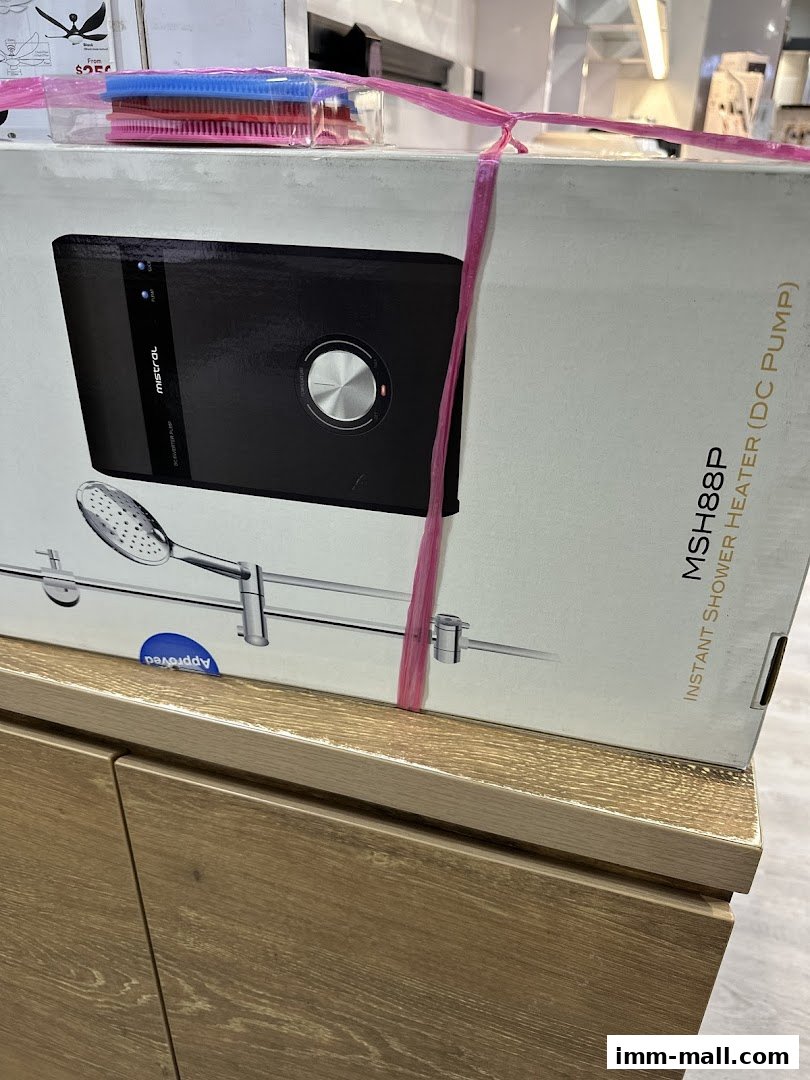 A box for a Mistral instant shower heater with a shower head and rail.