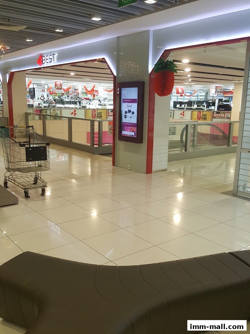 The entrance of Best Denki electronics store with a shopping cart and a digital display.