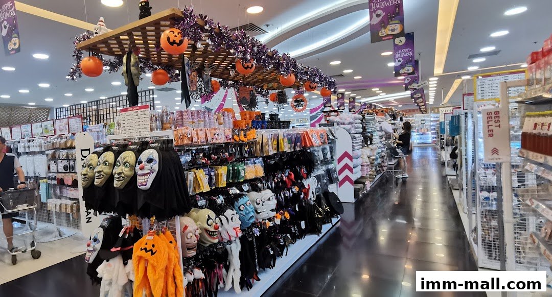Interior view of a DAISO store with Halloween decorations and merchandise displayed.