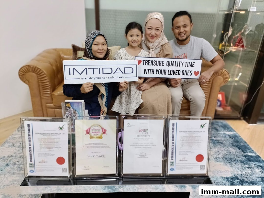 A family posing with awards and certificates, holding signs about employment solutions and quality time.