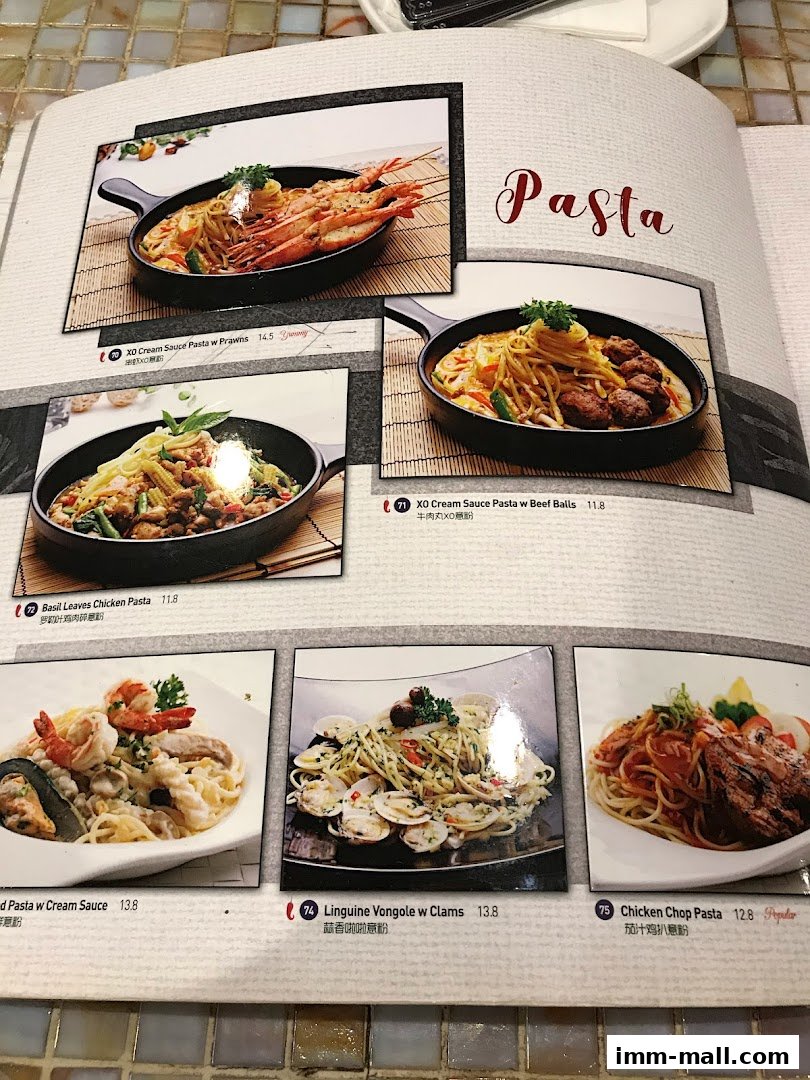A menu page showcasing various pasta dishes with appetizing images and descriptions.