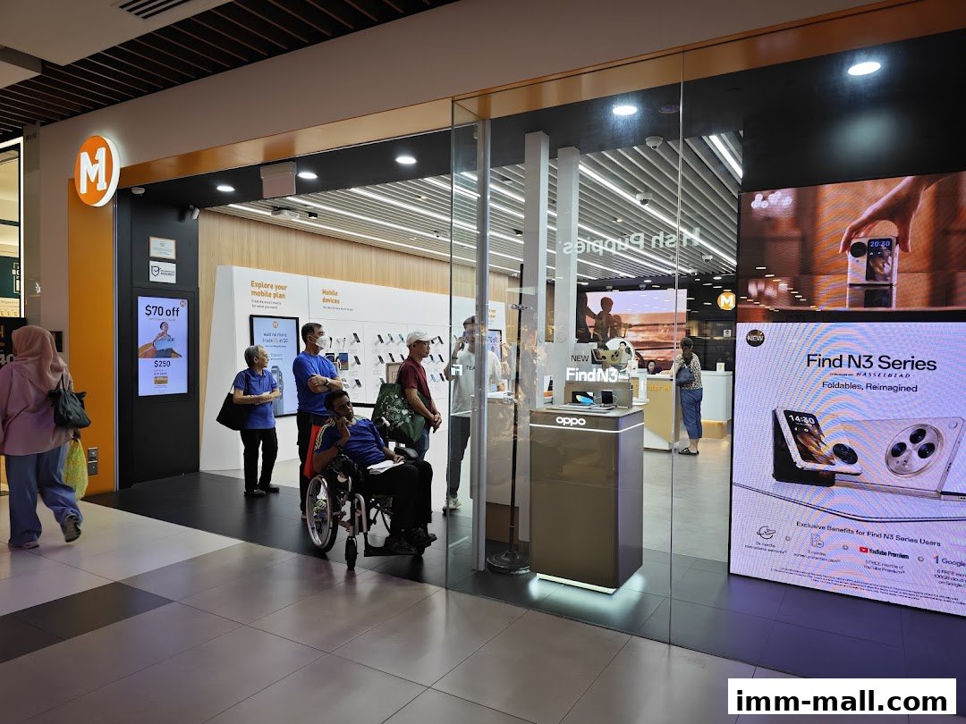 A modern mobile phone shop with displays of new foldable phones and promotional offers.