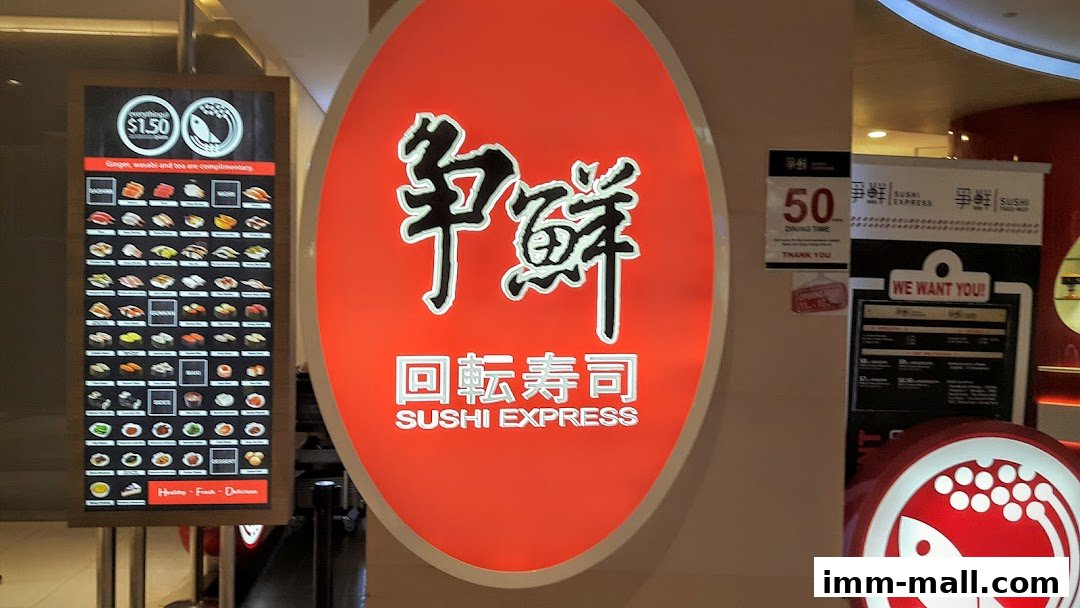 Sushi Express shop front with a large red oval sign and a menu display.