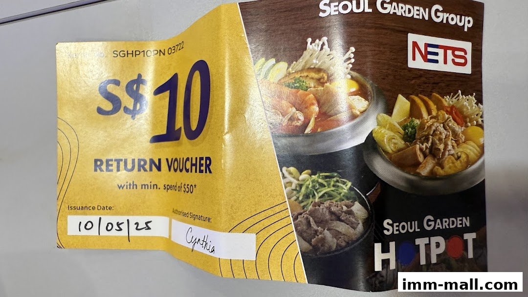 A return voucher for Seoul Garden Hotpot offering S$10 off with a minimum spend.