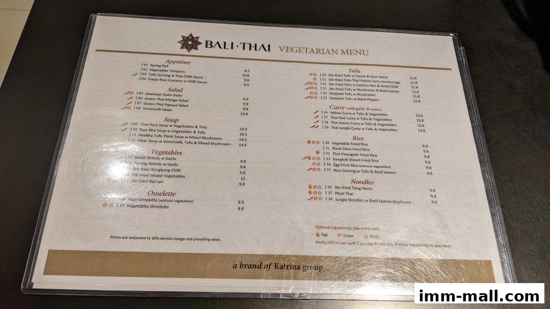 A vegetarian menu from Bali Thai, featuring appetizers, salads, soups, vegetables, omelettes, tofu, curries, rice, and noodles.