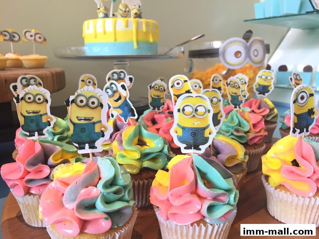 A close-up of Minion-themed cupcakes with colorful frosting and decorations.
