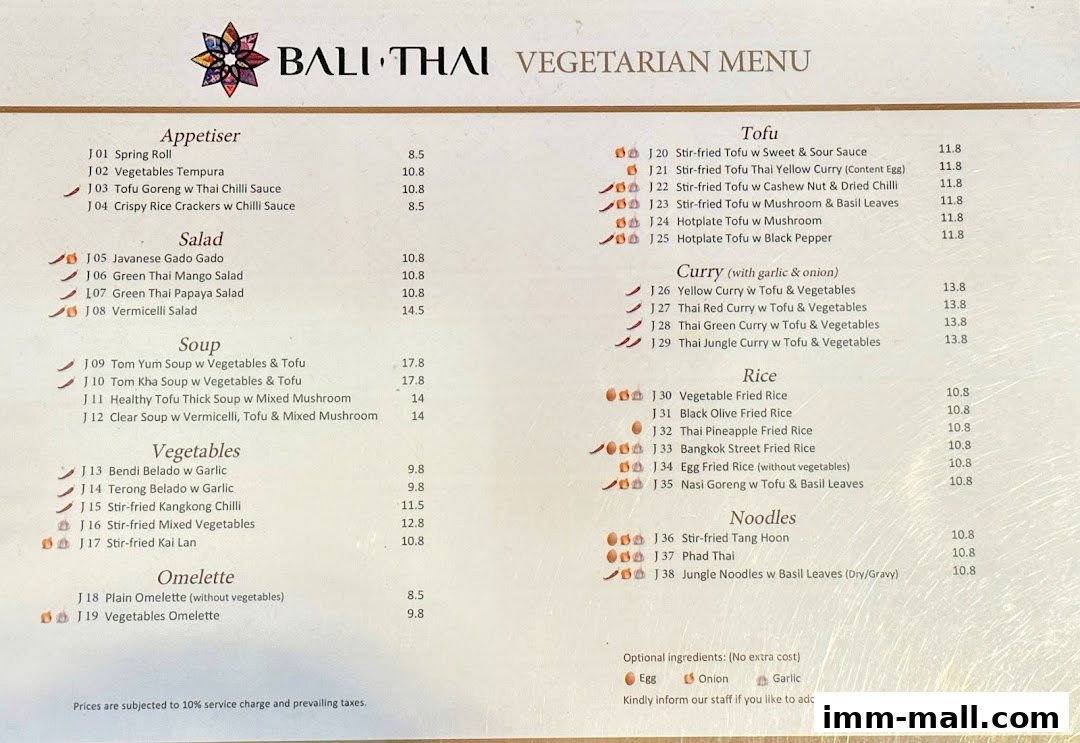 A vegetarian menu from Bali Thai featuring appetizers, salads, soups, vegetables, omelettes, tofu dishes, curries, rice, and noodles.