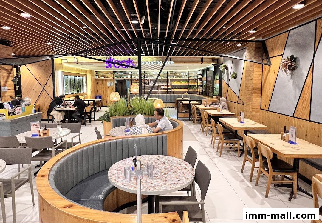 Interior view of Streats IMM restaurant with wooden decor and seating.