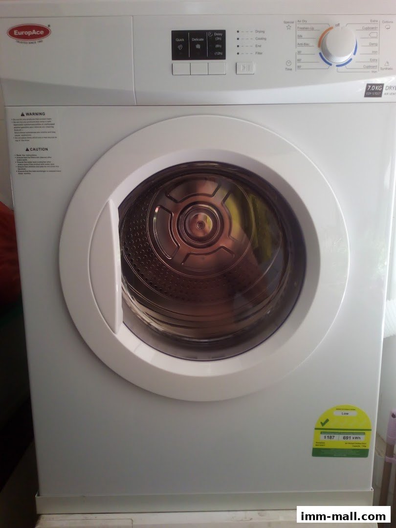 A white EuropAce 7.0KG dryer with a front-loading drum and control panel.
