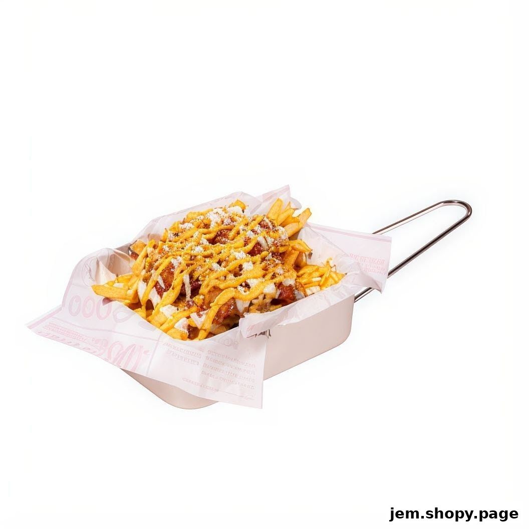 A serving of crispy chicken fries topped with cheese sauce and other toppings.