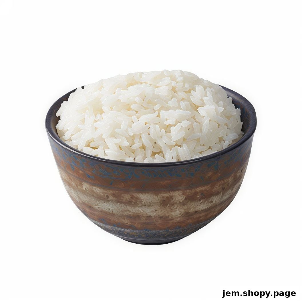 A bowl of fluffy white rice in a decorative bowl against a white background.
