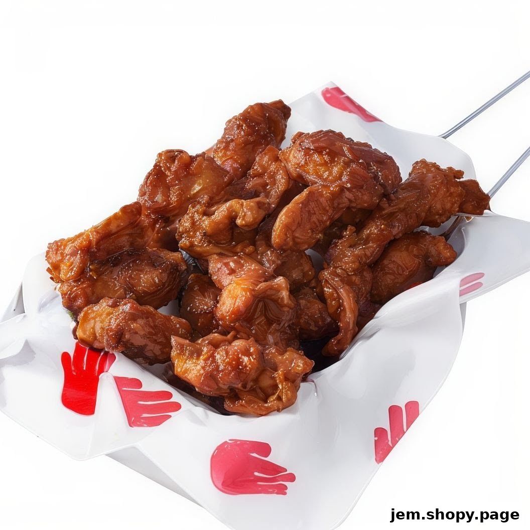 A basket filled with crispy, glazed chicken pieces, lined with branded paper.