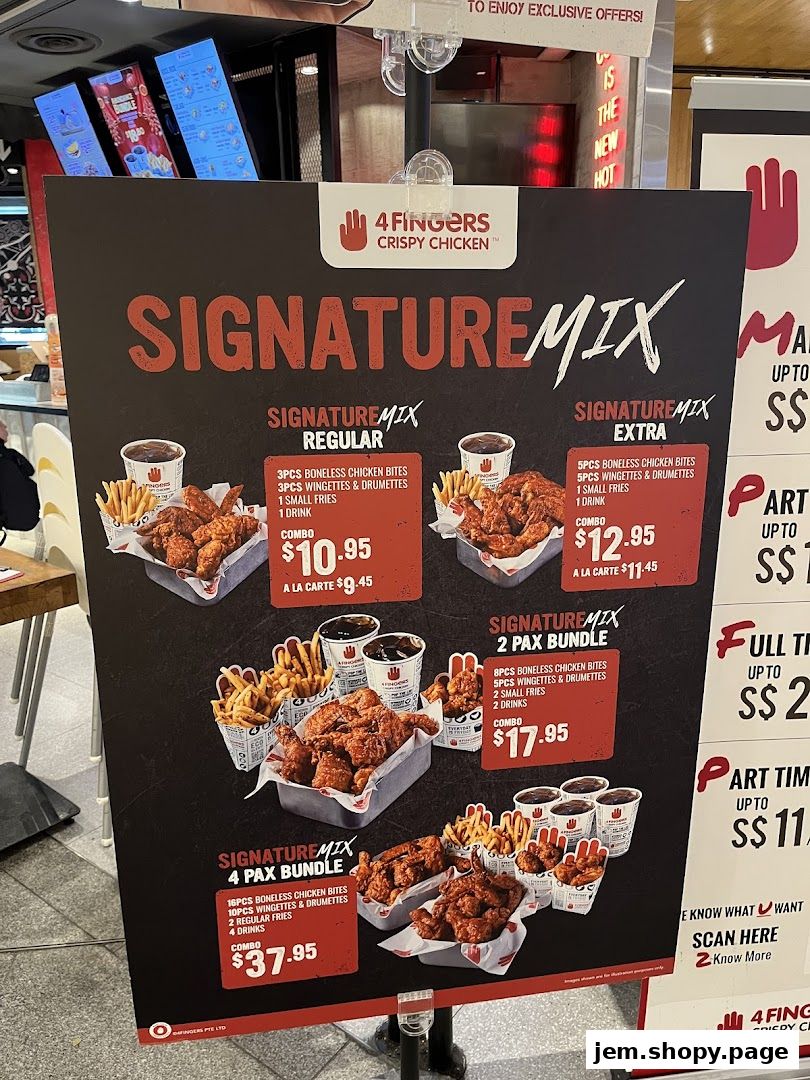 A menu board for 4 Fingers Crispy Chicken showcasing their Signature Mix combos.