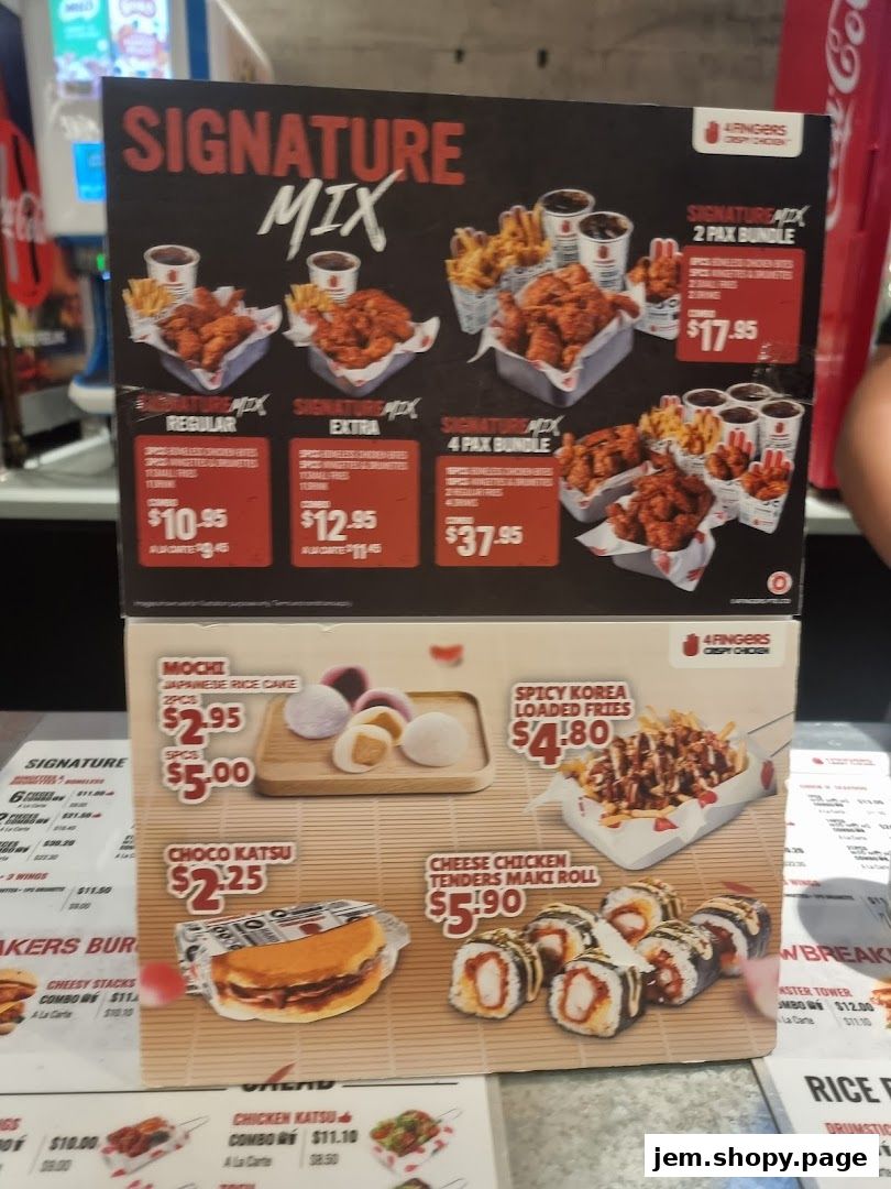 A menu board for 4 Fingers Crispy Chicken featuring signature mixes and other items.