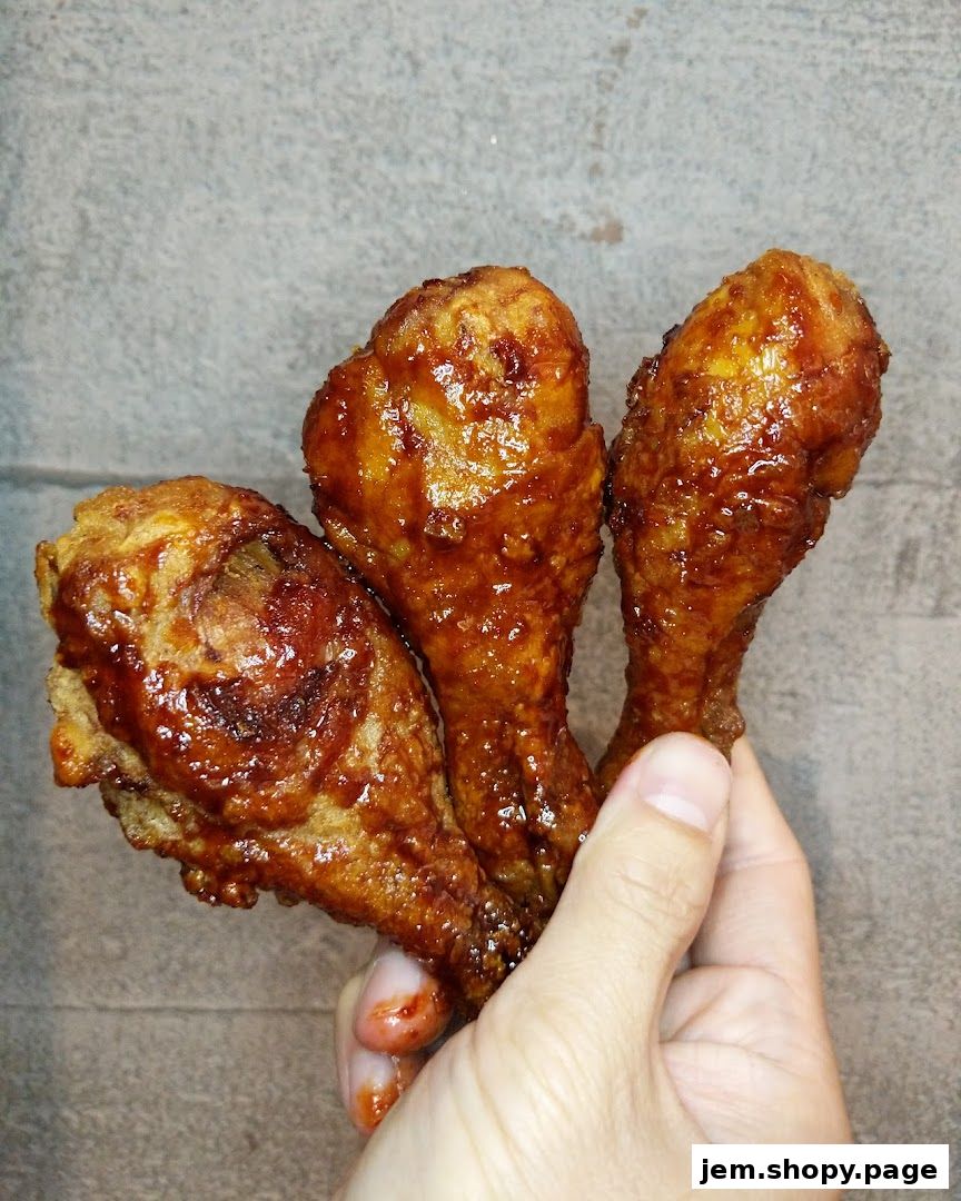 A hand holds three crispy, glazed chicken drumsticks against a textured background.