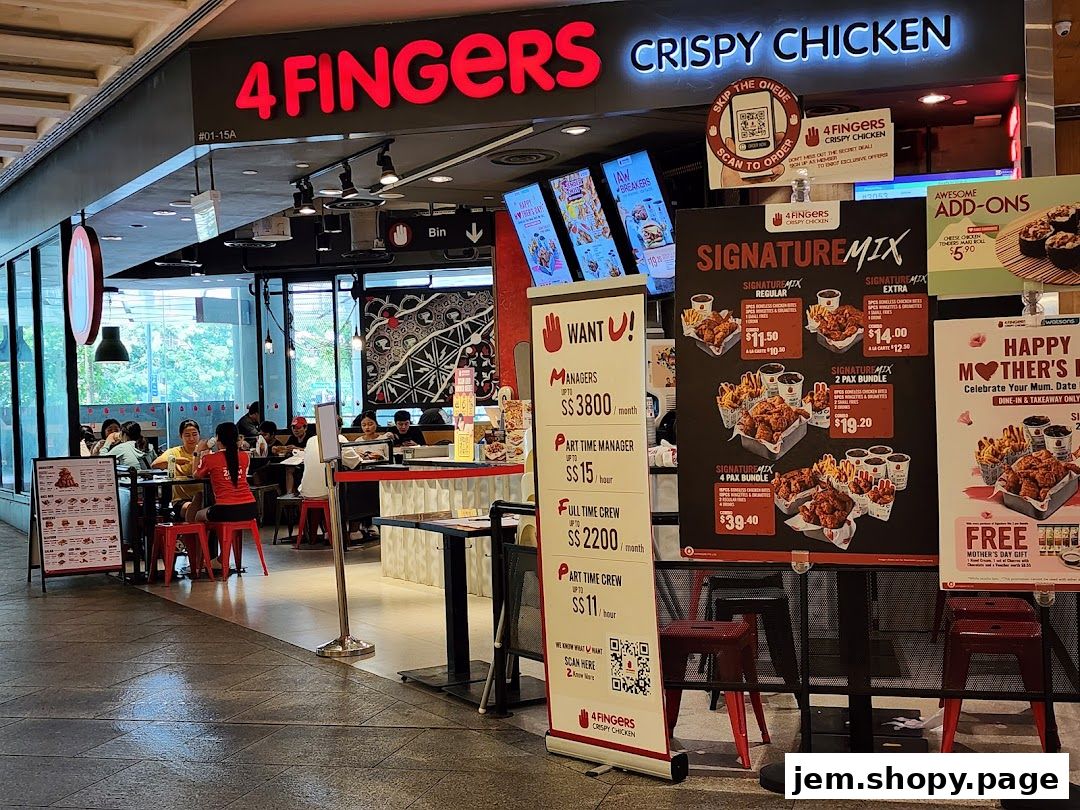 The exterior of a 4 Fingers Crispy Chicken shop with a menu and promotional posters.