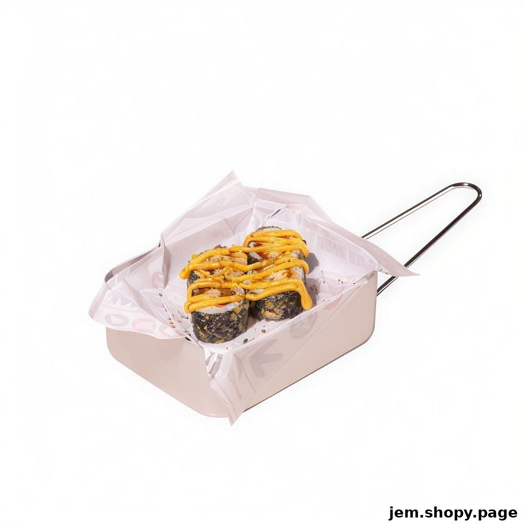 Two pieces of crispy chicken sushi rolls drizzled with cheese sauce in a serving tray.