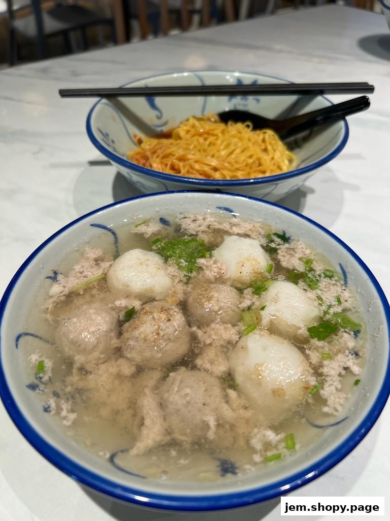 Two bowls of noodles, one with soup and meatballs, the other dry noodles.