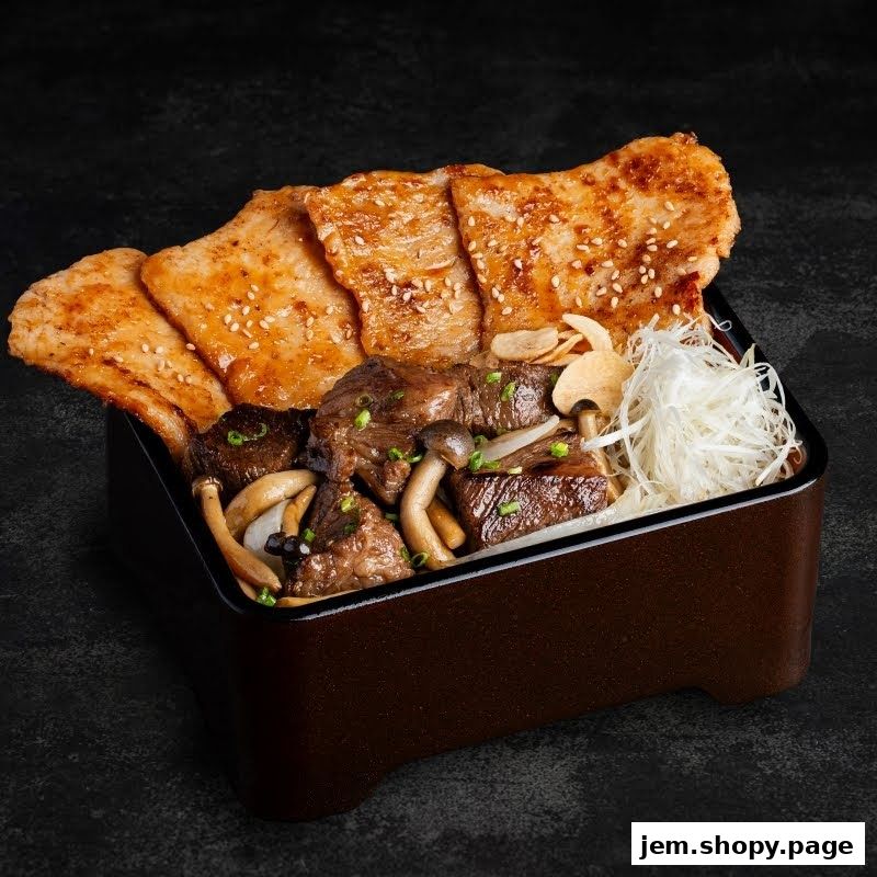 A bento box filled with grilled meat, mushrooms, and shredded vegetables.