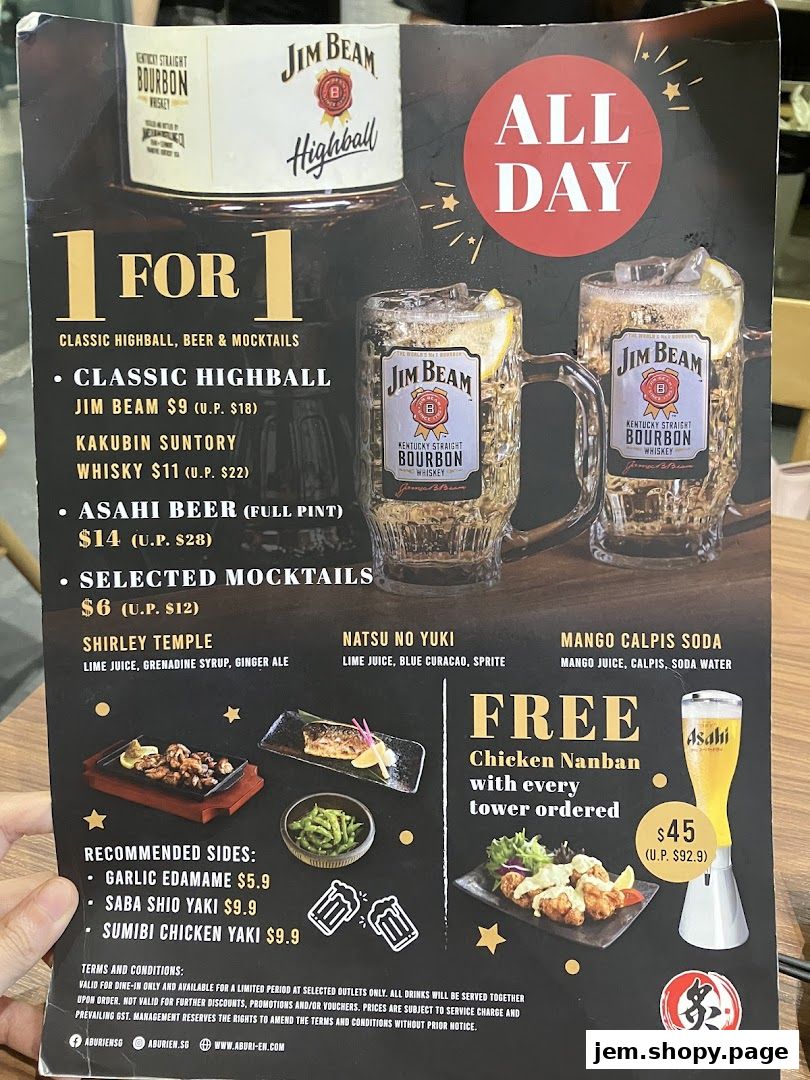 A menu offering 1-for-1 deals on highballs, beer, mocktails, and recommended sides.