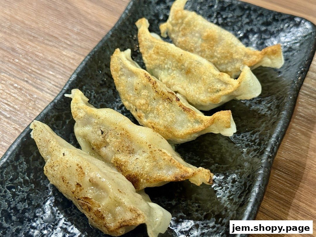 A close-up shot of pan-fried gyoza dumplings on a textured black plate.