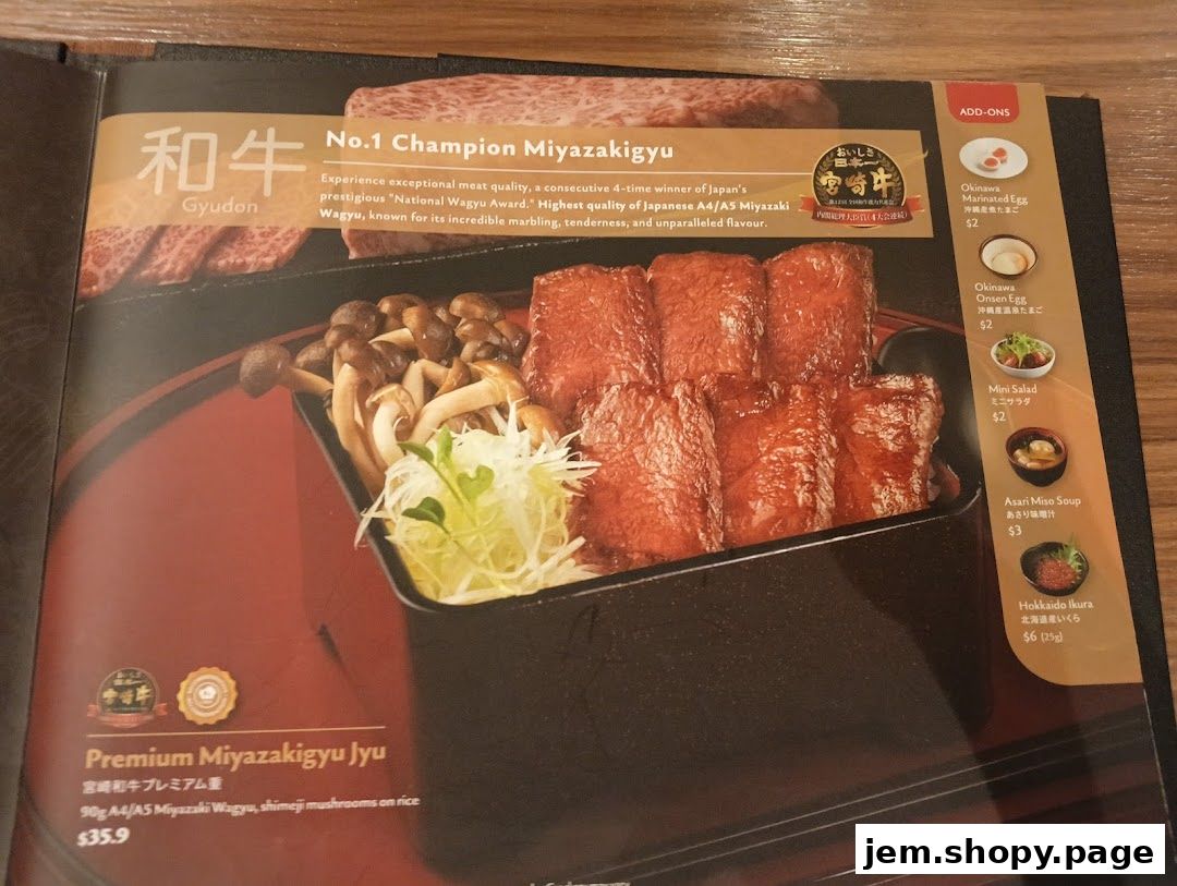 A menu page showcasing premium Wagyu beef dishes and add-on options.