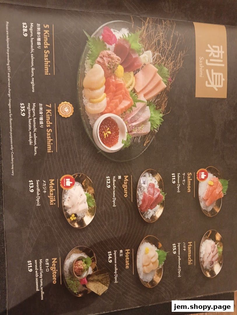 A menu page showcasing various sashimi dishes with prices and descriptions.