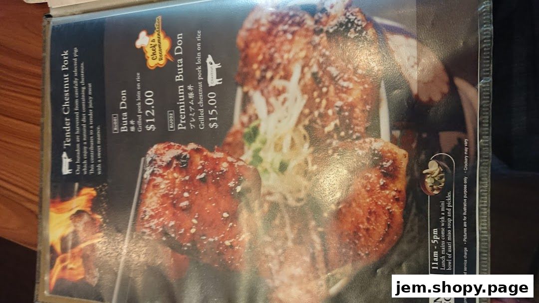 A menu featuring Tender Chestnut Pork and Buta Don dishes with prices.