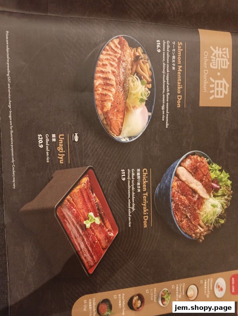 A menu showcasing Japanese rice bowls with salmon, eel, and chicken teriyaki.