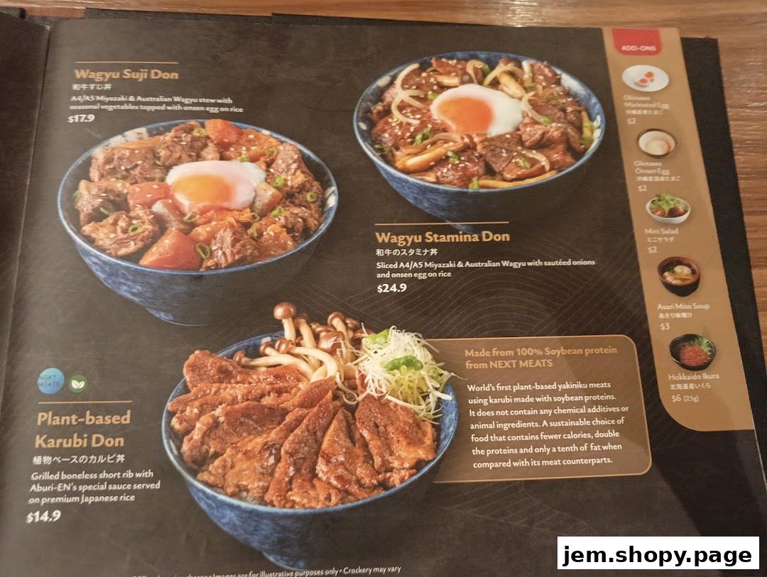 A menu showcasing Wagyu and plant-based dishes with prices and descriptions.