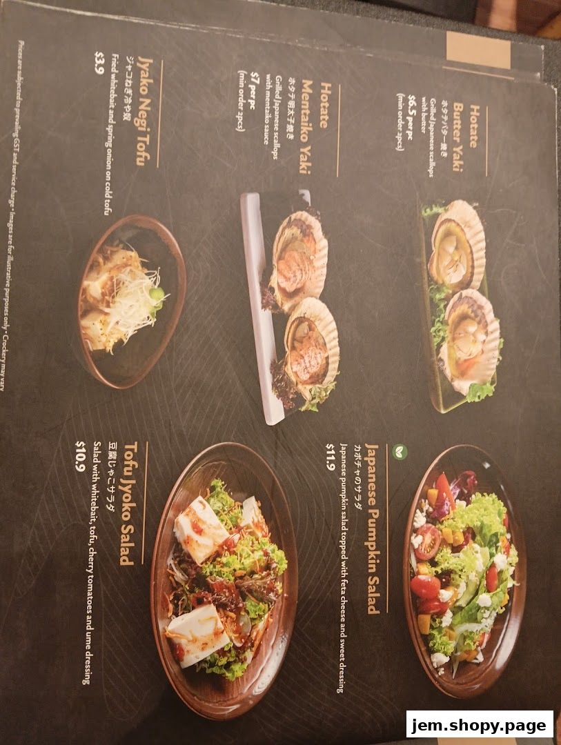 A menu page showcasing Japanese dishes like scallops, tofu, and salads with prices.