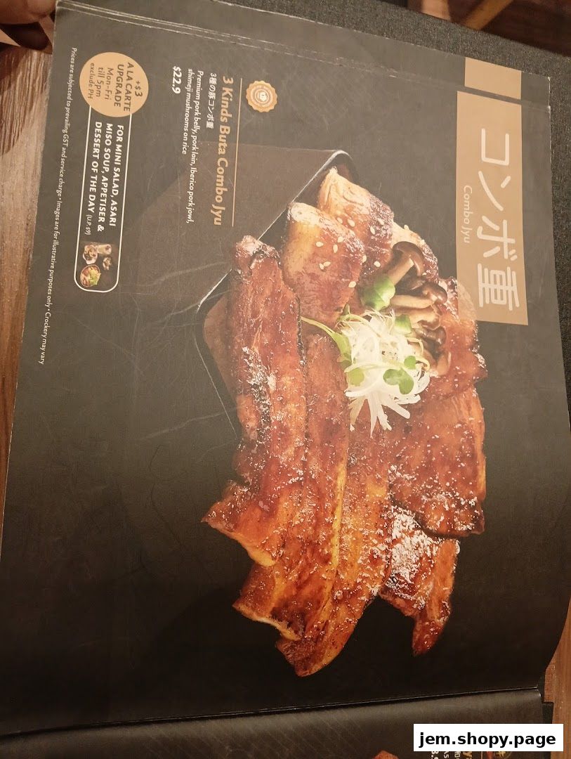 A menu page showcasing the '3 Kinds Buta Combo Jyu' dish with pork belly, loin, and jowl.