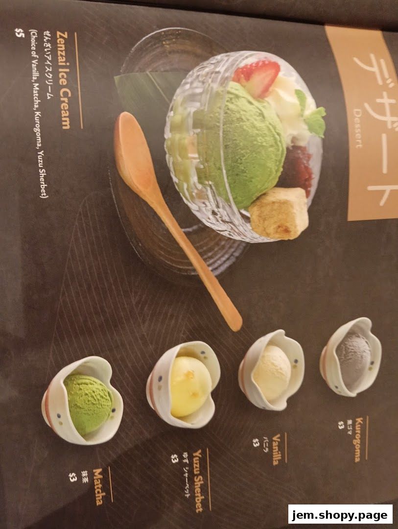 A menu page showcasing various ice cream and sherbet desserts from Aburi-EN Jem.