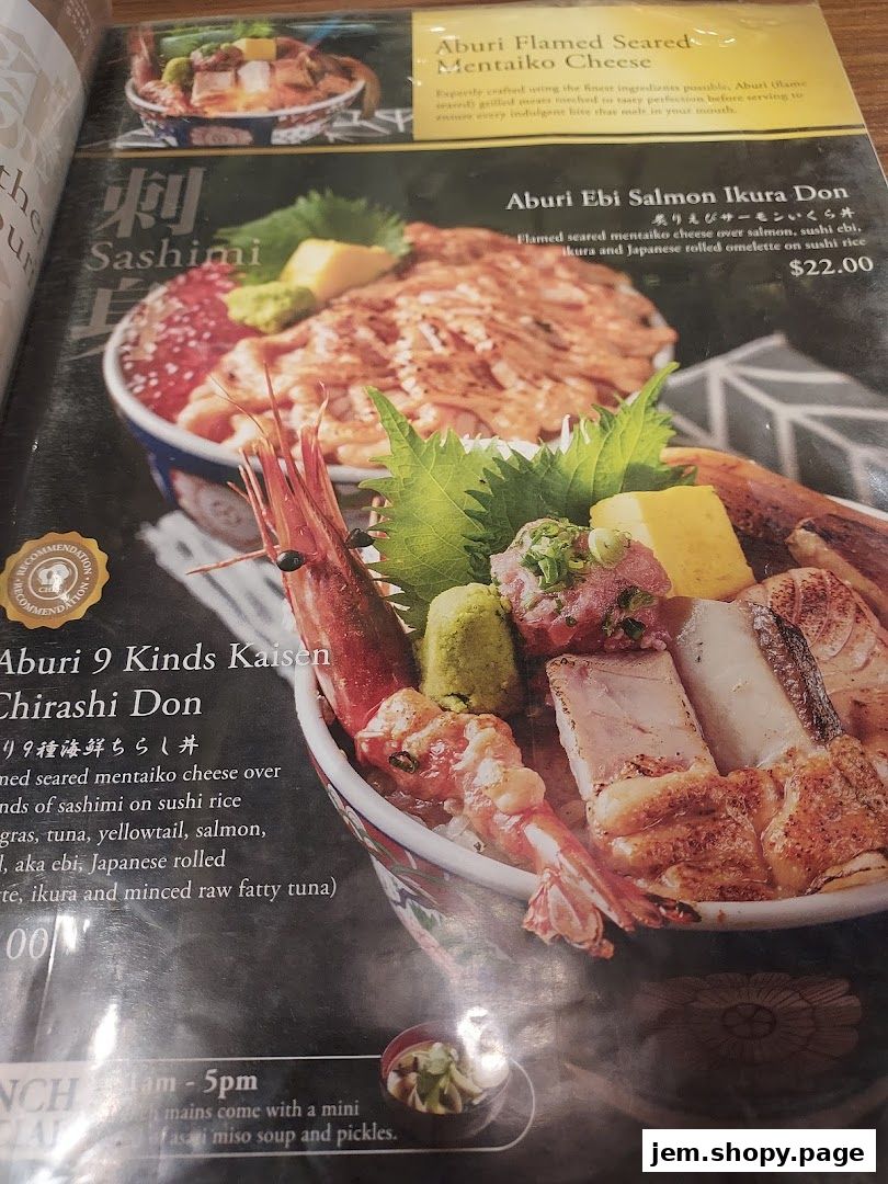 A menu page showcasing various Japanese donburi dishes with detailed descriptions and prices.