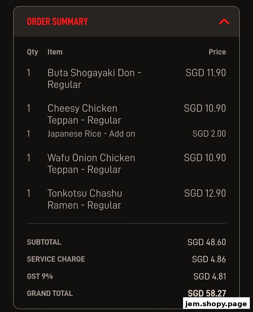 An order summary showing Japanese dishes and their prices.
