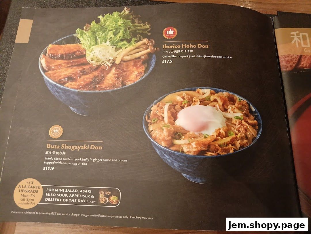 A menu page showcasing two Japanese rice bowl dishes: Buta Shogayaki Don and Iberico Hoho Don.